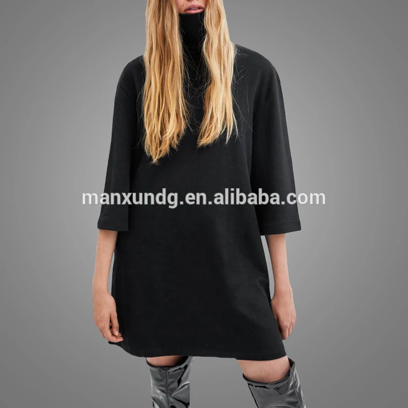 2019 New Arrivals Women Clothes Turtleneck Oversized T-shirt Dress Custom Black Long Tshirts Plush Dress