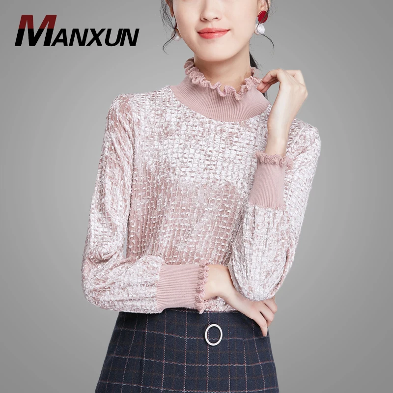 2019 New Arrival Casual Fashion Korean Bottoming Shirt Autumn Ladies Velvet Tops Slim Fit Women Blouses