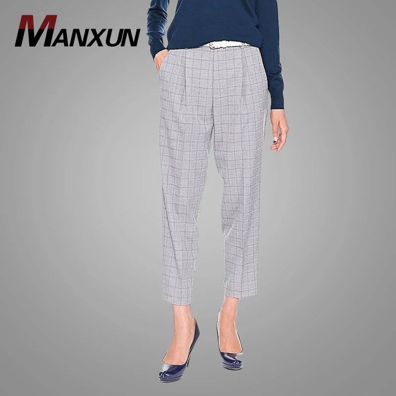 Cotton and Linen Business Straight Dress Trousers for Women Ankle-length Women Loose Plaid Casual Pants