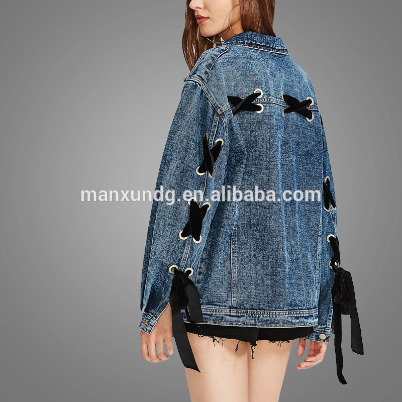 Winter Coat Women Eyelet Lace Up Denim Jacket Woman 2018