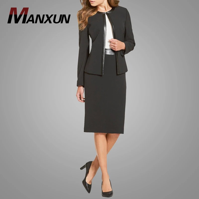 High Quality Black Elegant Stretch Crepe Faux Leather Office Jacket with Skirt Slim Fit 2 Piece Women Suit Set