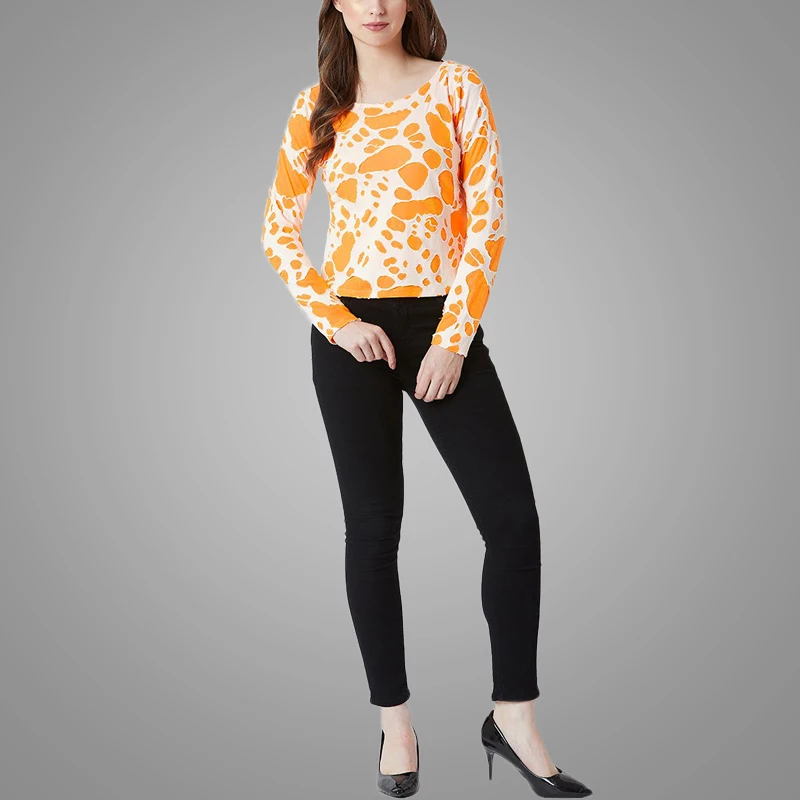 Latest Design Crew Neck Long Sleeve Fashion White and Orange Hole Girls Women T-shirt Lady 3