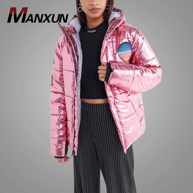 2018 Winter Women Stylish Thick Overcoat High Quality Bright Pink Metallic Zip-Front Puffer Ladies Coat