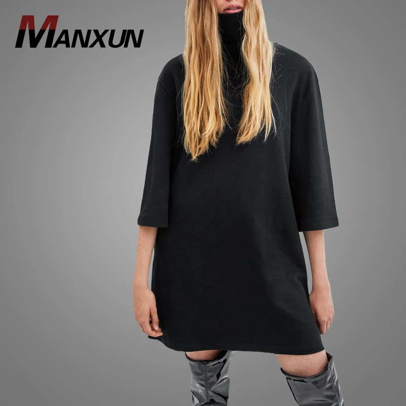 2019 New Arrivals Women Clothes Turtleneck Oversized T-shirt Dress Custom Black Long Tshirts Plush Dress