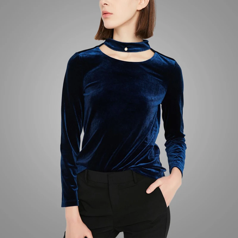 Hot Sell Hollow out Collar Long Sleeve Women Ladies Tops Dark Blue Soft Velvet Blouses Pullover Women