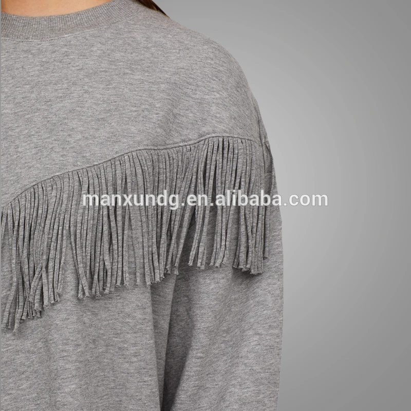 Hot Sell Crew Neck Plain Grey Long Sleeve Hoodies Sweatshirts Wholesale Custom Fitted 100% Cotton Hoodies With Fringe 3