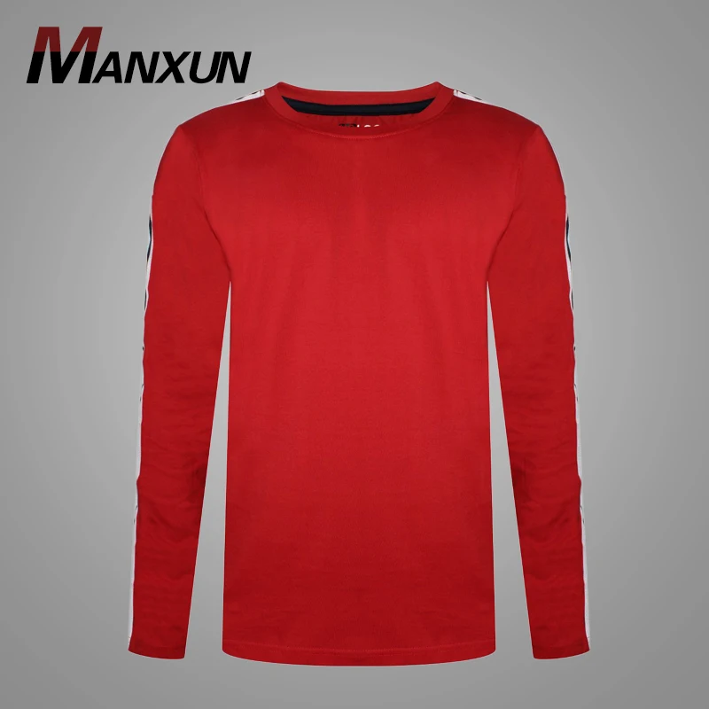 Newest Gym Running Customized Logo Boys Blank T-shirt Long Sleeve Red Men T-shirt with Side Tape