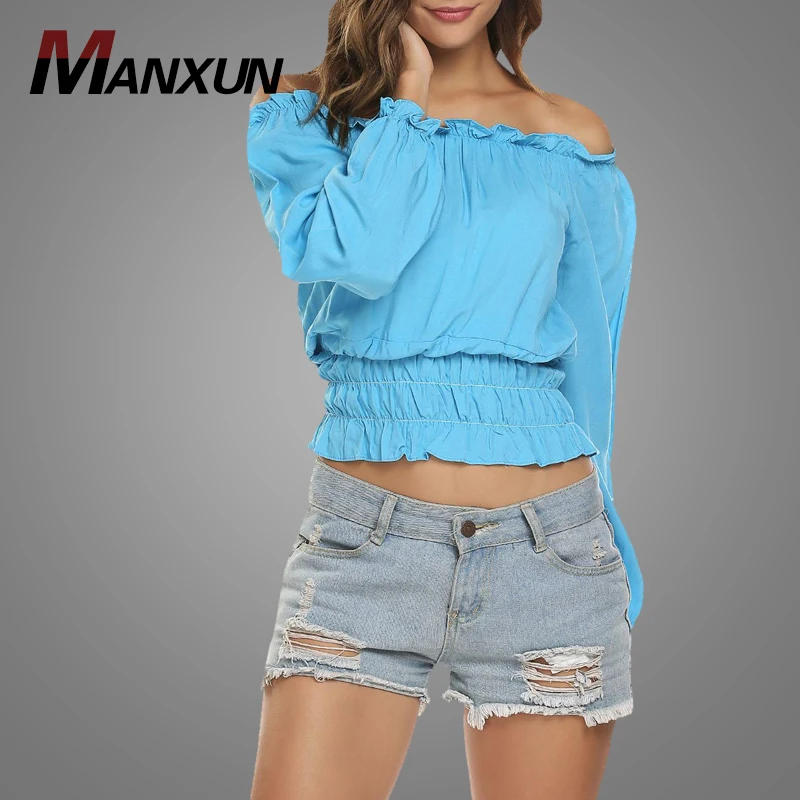 Fashion 2018 New Autumn Women Fitted Waist Crop Top Sexy Off The Shoulder Solid Color  Blouse Tops