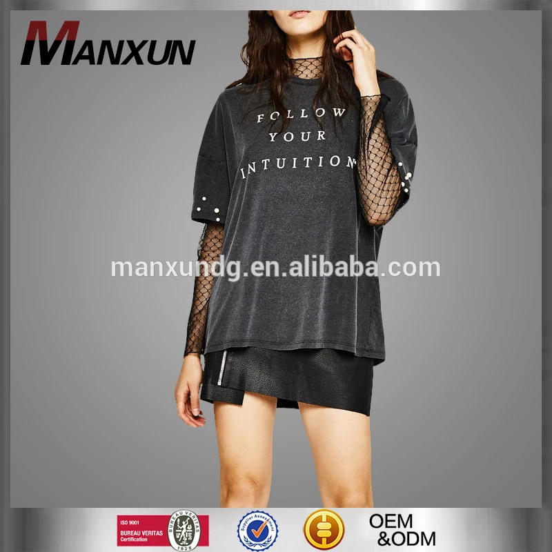 Hot Sale Custom Printed T Shirt With Faux Pearls Women Longline T Shirt Made In China