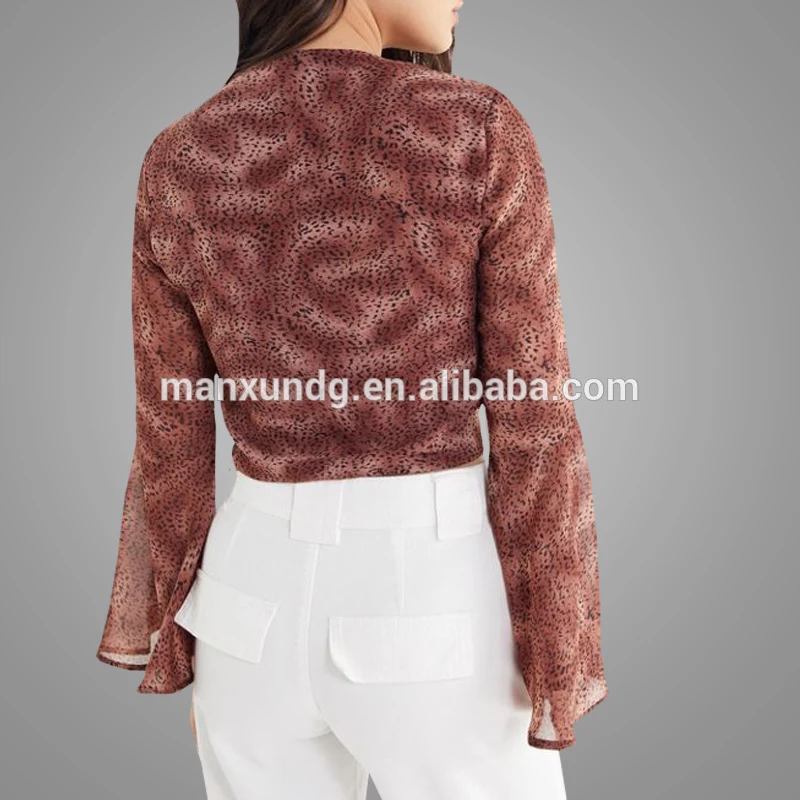 Wholesale Clothing 2018 Women Flare Sleeve Blouse Sexy Leopard Print Chiffon Tops With Front Tie Hem 5