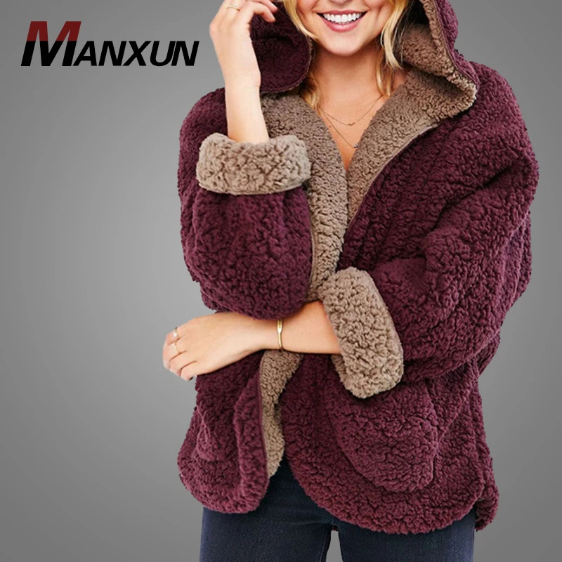 Custom Design Reversible Faux fur Hoodie Coat Fuzzy Jacket Oversized Women Winter Hood Jacket