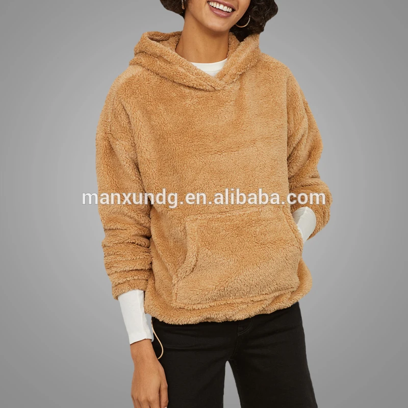 New Trendy Good Quality Women Plain Droped Shoulder Faux Fur Hoodies Sweatshirt Custom Fleece Streetwear Pullover Hooded Tops