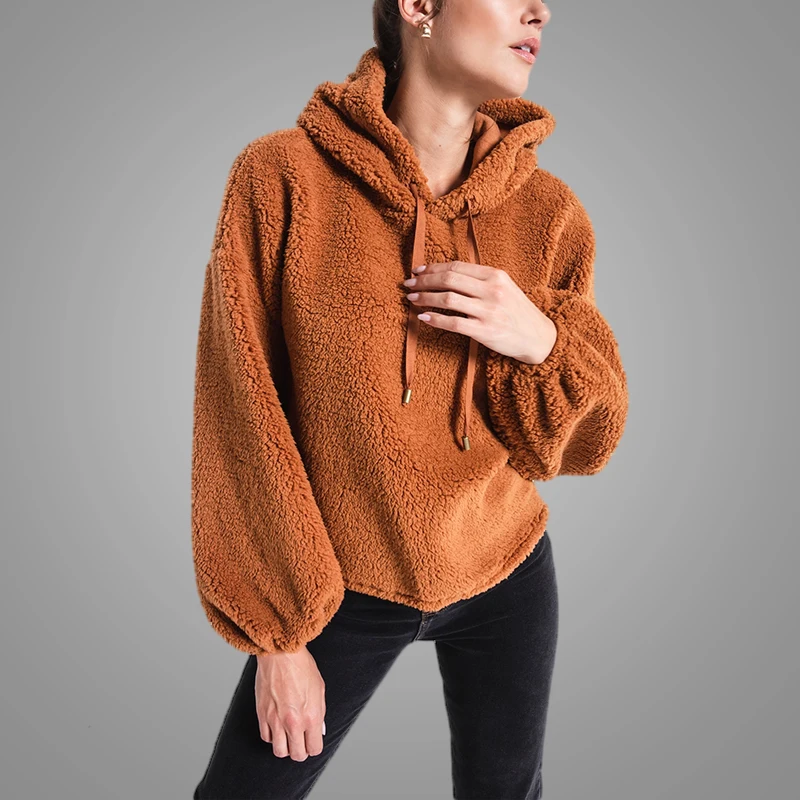 Newest Casual Coffee Womens Faux Fur Soft Sherpa Hoodie Women Teddy Elastic Cuffs Oversized Sweatshirt 3