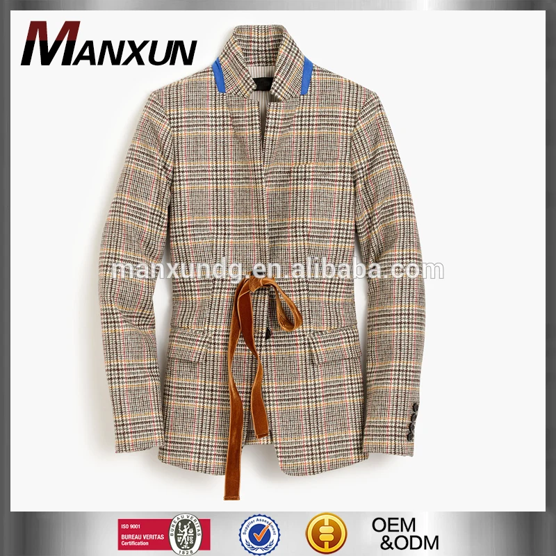 Wholesale Clothing Fashionable Plaid Blazer With Velvet Tie Slim Fit Woman Casual Jacket