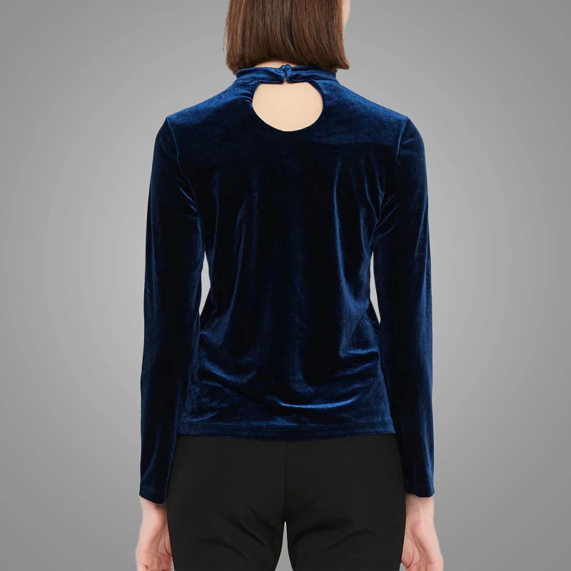 Hot Sell Hollow out Collar Long Sleeve Women Ladies Tops Dark Blue Soft Velvet Blouses Pullover Women 7