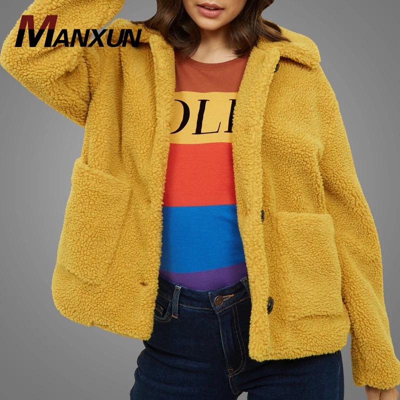 OEM Latest Design Plain Long Sleeve Winter Warm Faux Fur Hoodies Jacket Fashion Button Front Outerwear Coat Jacket With Pockets