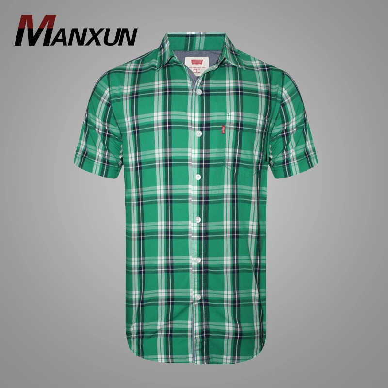 New Model Summer Green Men Plaid Shirt Casual Flannel Short Sleeve Shirt for Men