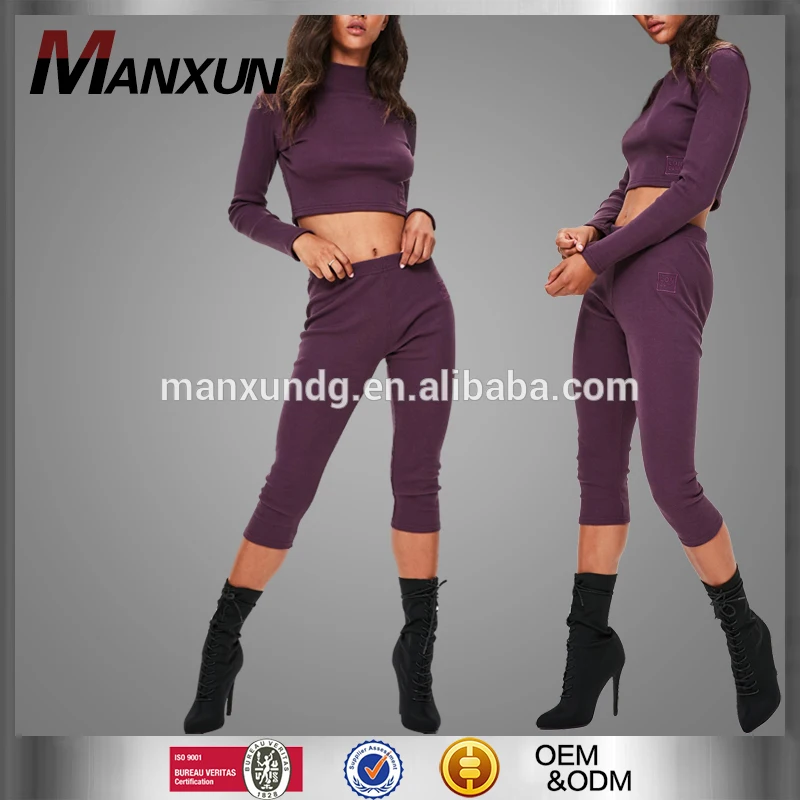 High Quality PurPle Ribbed Slim Leggings Suits Wholesale Yoga Joggers Wear Suits in Training 2017