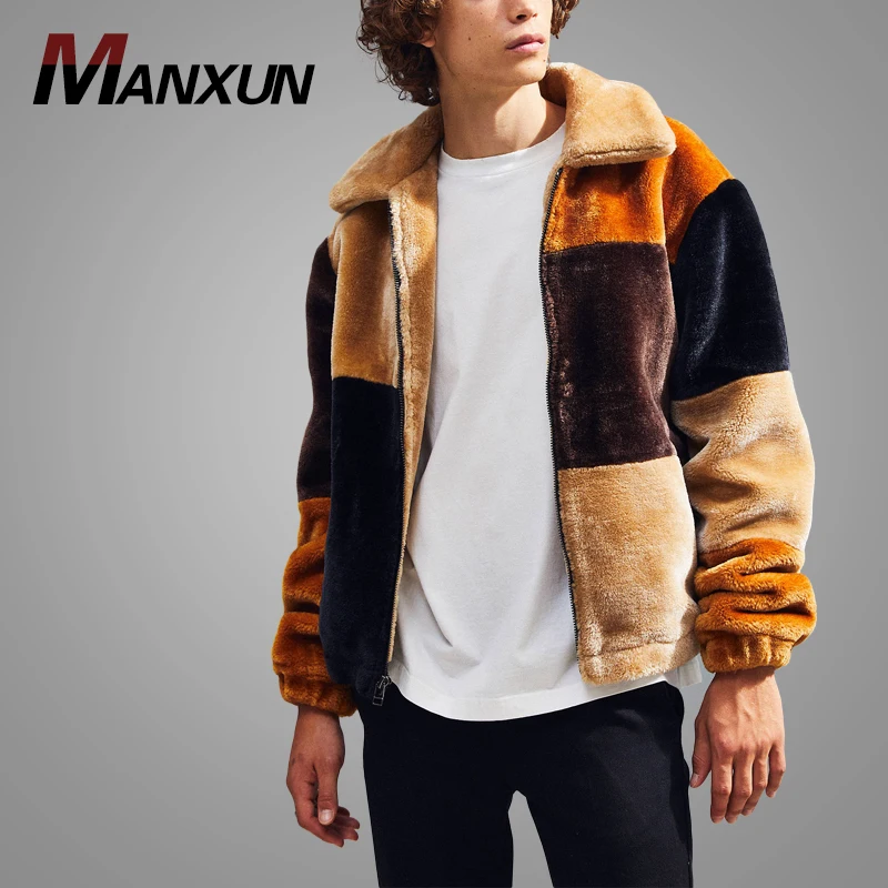 High Quality Color Block Zip-up Fur Men Jacket Coat Plus Size Winter Jackette for Men Apparel