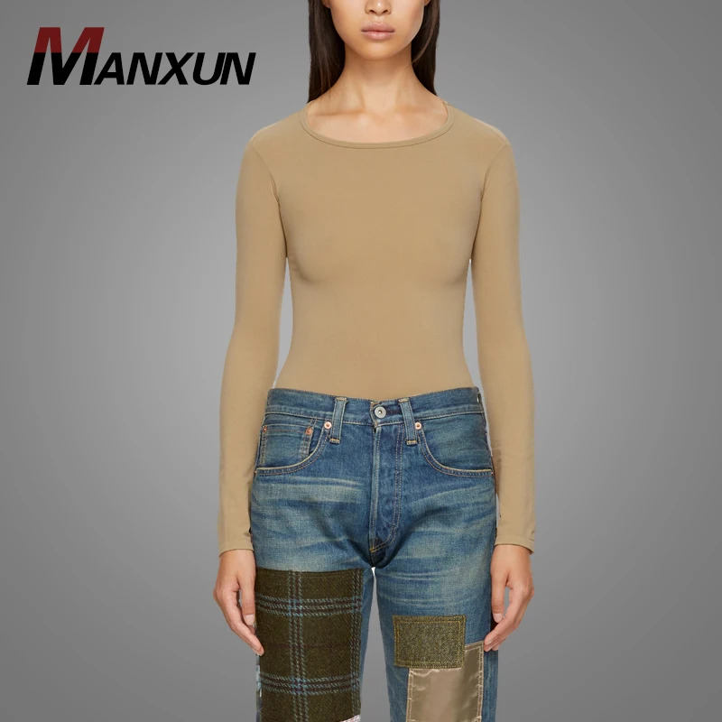 Wholesale Cheap Long Sleeve Stretch Nylon Blend Jersey T Shirt Blank Slim Fit Women T-Shirt 2018