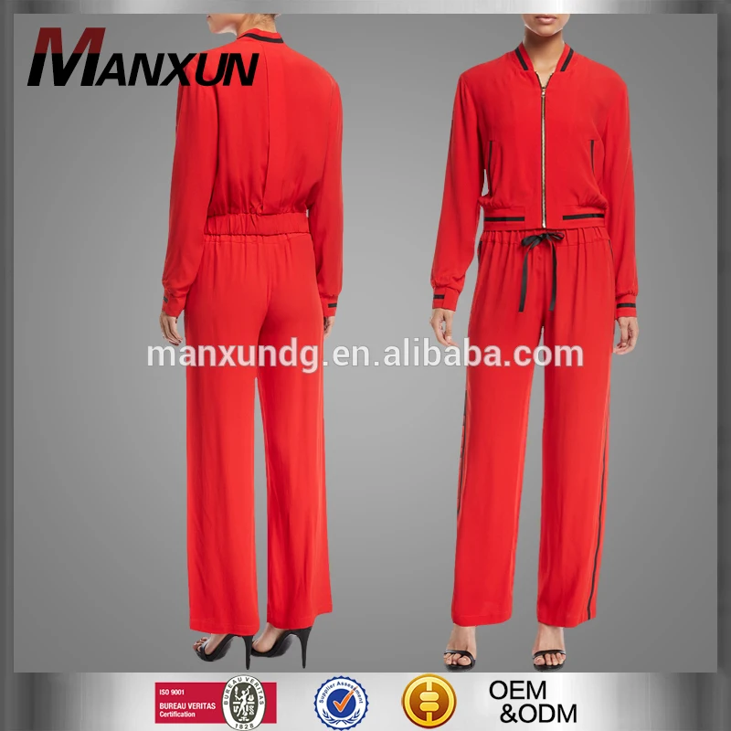 Latest Design Ladies Zip Front Bomber Jacket And Wide Leg Trousers With Drawstring Custom Tracksuit