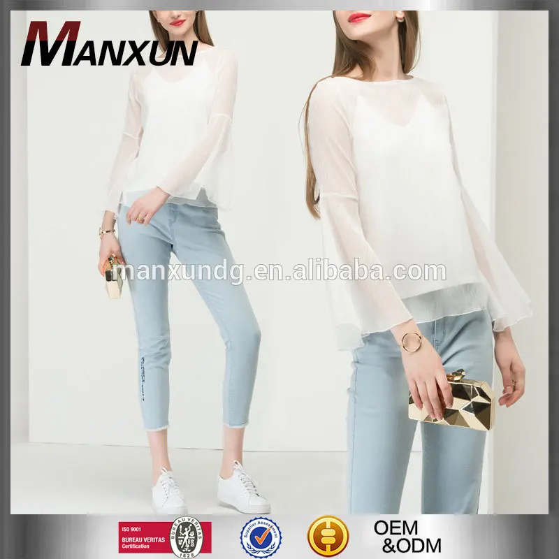 Korea Style Women See Through Blouse White Shirt Long Sleeve Matching Tank Underwear Sexy Transparent Mesh Top
