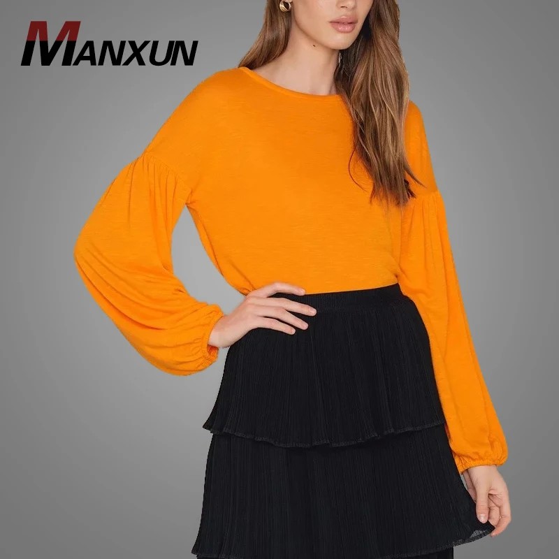 High Quality Orange Long Sleeve T Shirt Women Oversized Cotton T-Shirt 2019