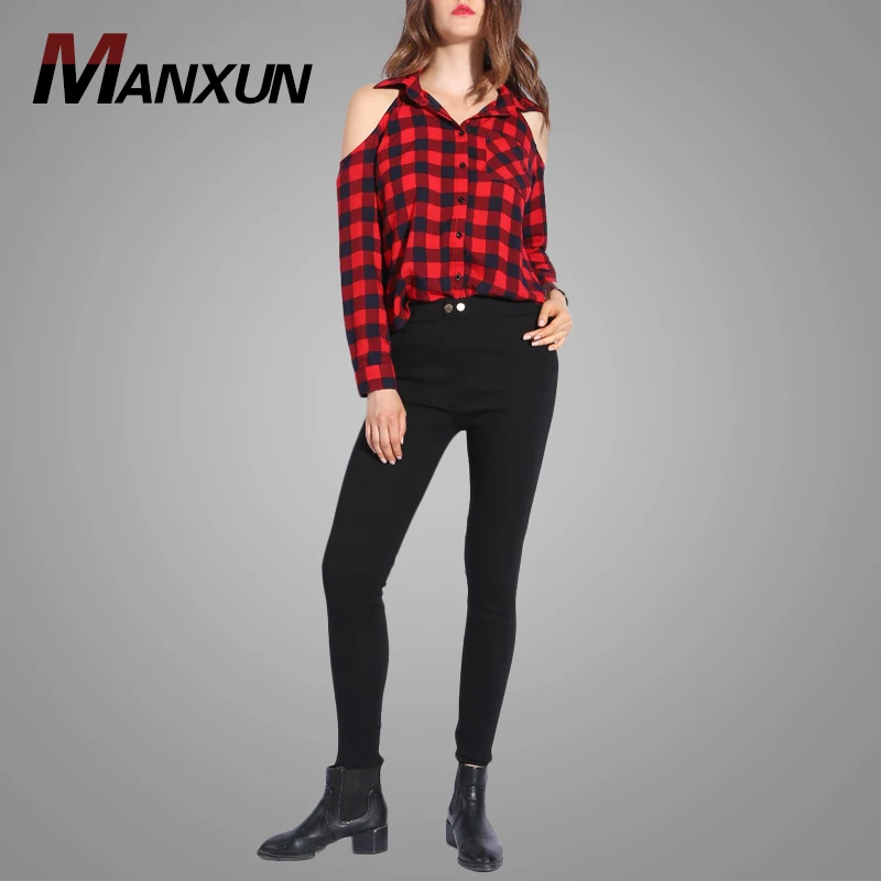 Top Design Long Sleeve Flannel Plaid Women Blouse Shirt Sexy Off Shoulder Casual Shirt for Women