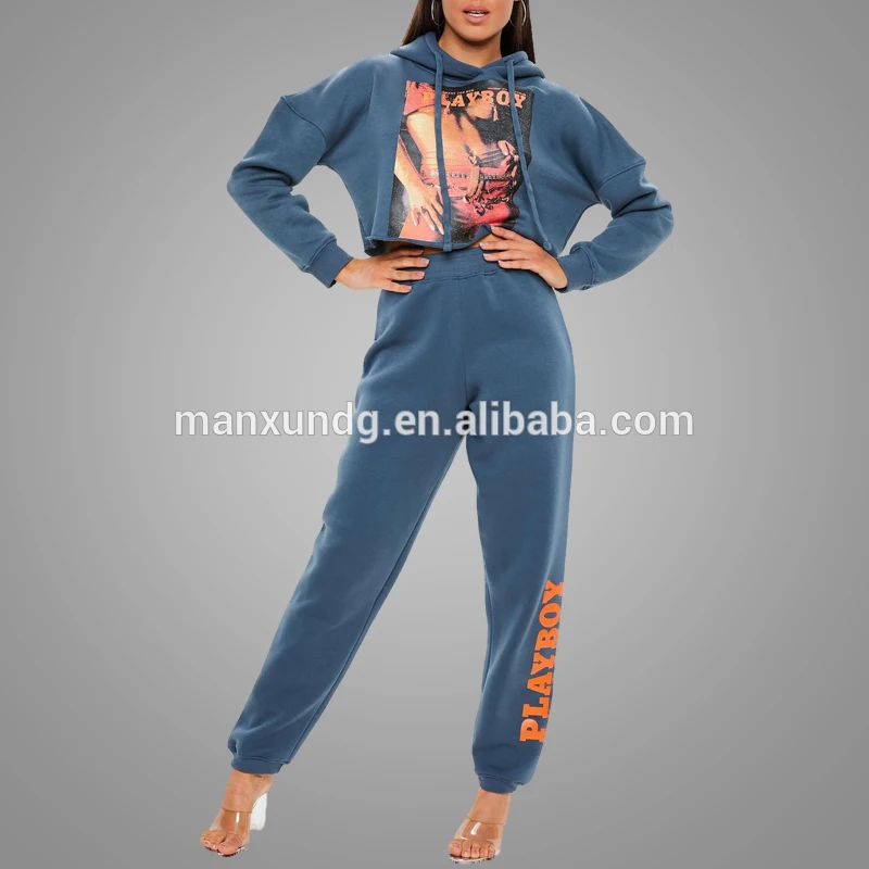 Custom Wholesale Print Cropped Blue Hoodie Oversized Crop Top Women  Fleece Hoodies 5