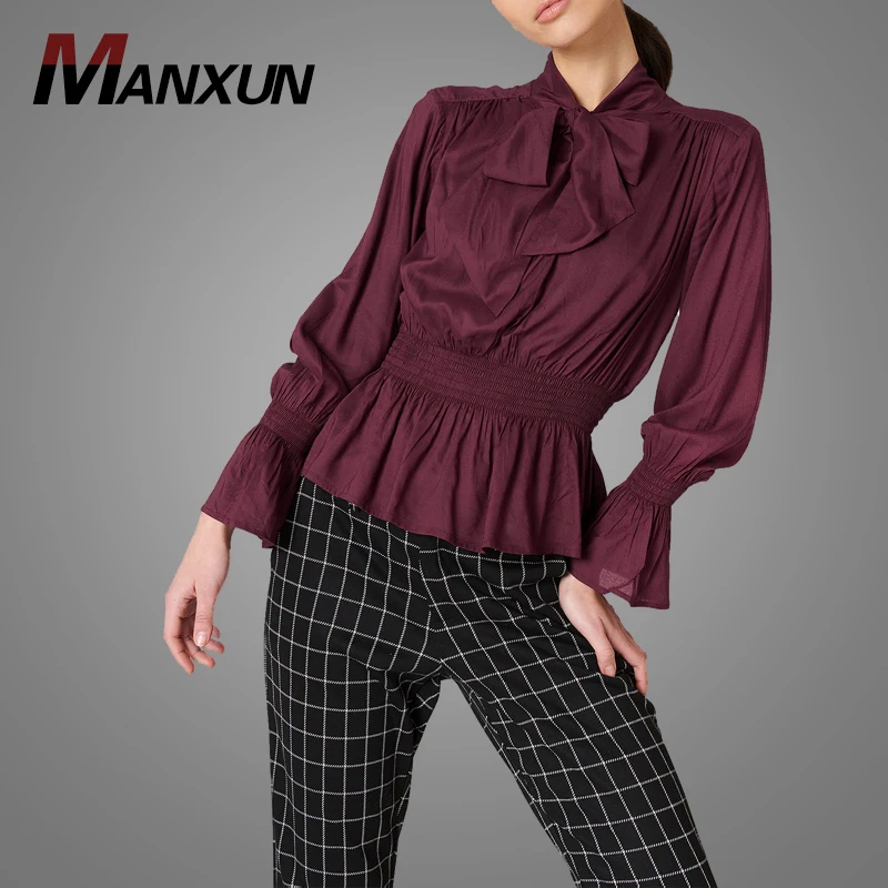 Top Fashion Tie Neck Ruffle Long Sleeve Blouse Chiffon Red Lady Blouse 2019