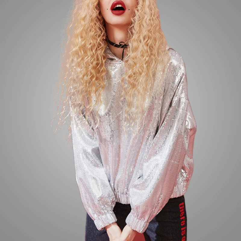 Latest Design Silver Sequin Personality Streetwear Womens Oversized Hoodies Sweatshirts 2019