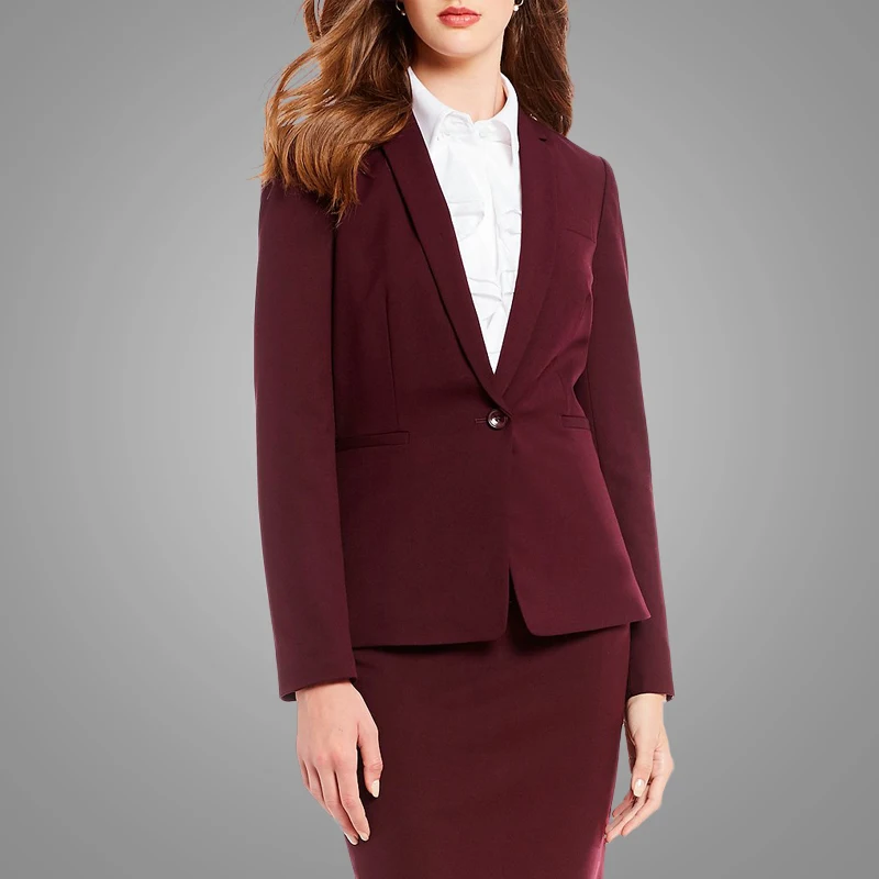 Lapel Jacket and Pencil Skirt Ladies Suit Slim Fit Burgundy 2 Piece Set Woman Suit Office Dress 3