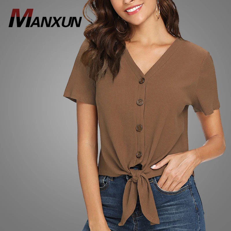 Wholesale China Cheap Button Up Knot Ribbed Knit V Neck Tee Tops Summer Blouse For Women