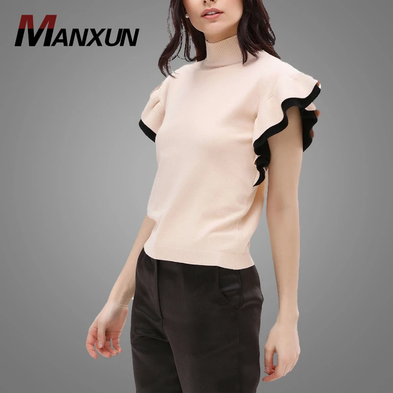 Wholesale Elegant Short Sleeve Woolen Blouse Flared Sleeve High Neck Ladies Top Blouse