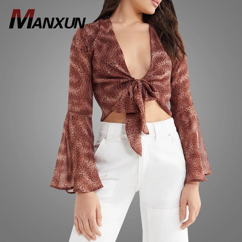 Wholesale Clothing 2018 Women Flare Sleeve Blouse Sexy Leopard Print Chiffon Tops With Front Tie Hem