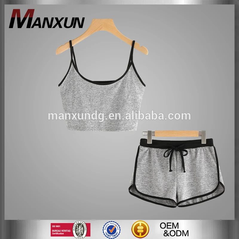 2017 Women Sports Wear Ringer Crop Cami Top Drawstring Shorts Panties and Bra Sets Sexy Cotton