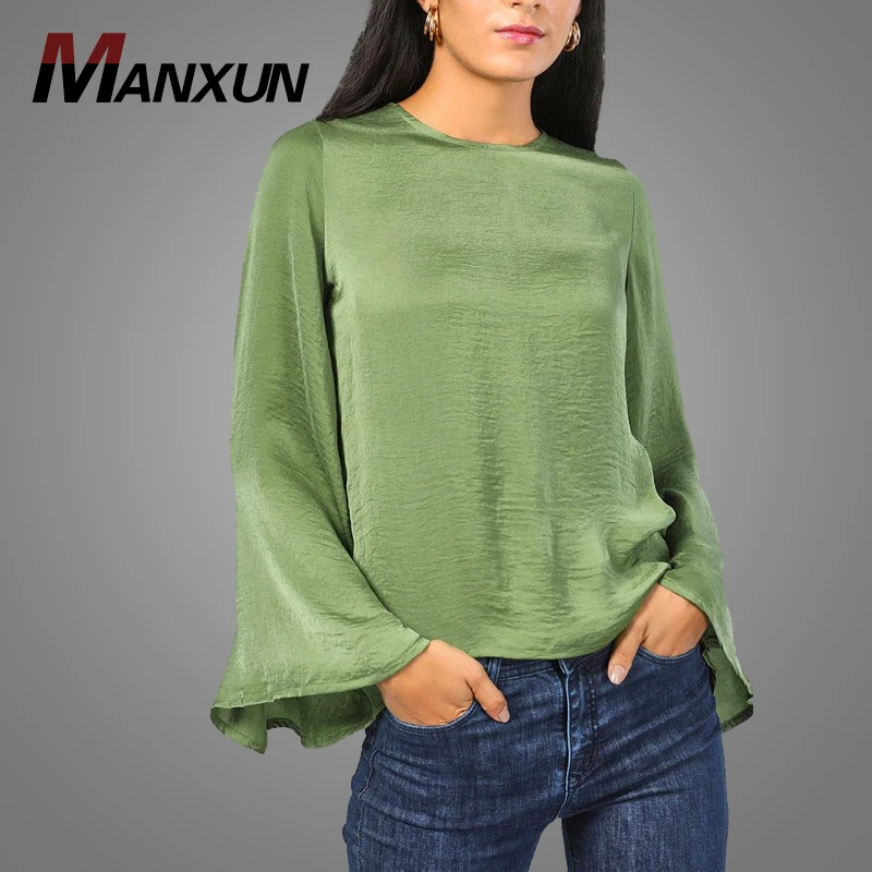 Wholesale Bell Sleeve Ladies Satin Lady Plain Blouse Tops 2018