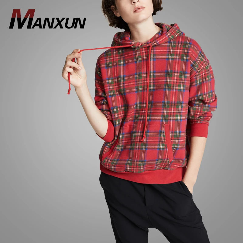 2018 OEM Wholesale Color Block Plaid Tunic Vintage Pullover Sweatshirt Women Custom Hooded Sweatshirts