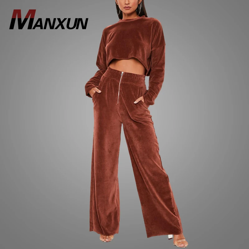 Wholesale Ladies Velour Crop Sweatshirt And Sweatpants Wide Leg Joggers Cotton Womens Tracksuit