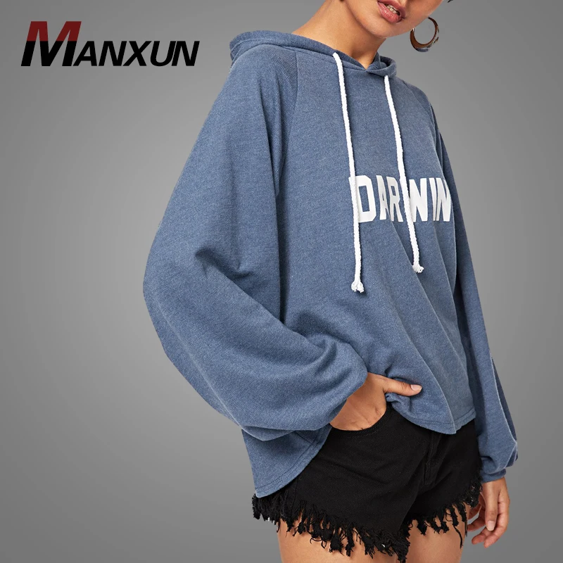 Cheap Print Raglan Sleeve Drawstring Hoodie Custom Black Hooded Sweatshirt Hoodies Women