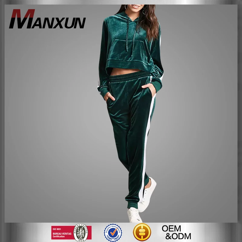 High Quality Women White Striped Blank Velvet Tracksuits Jogging Suits Wholesale