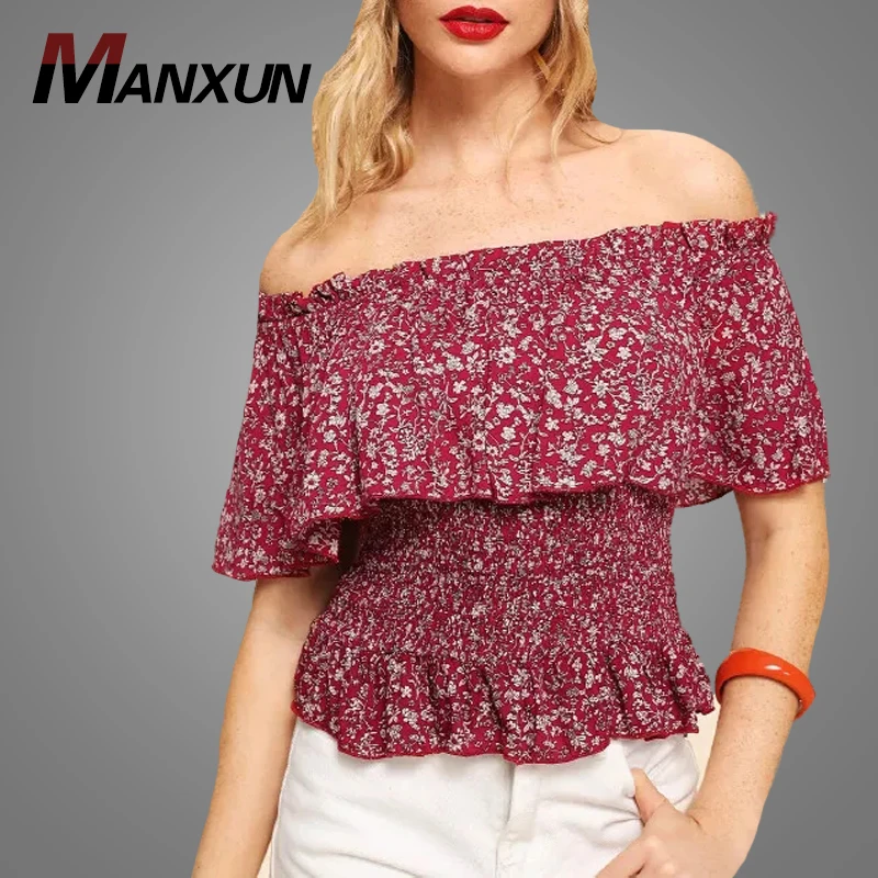 Summer Fashion Women Off The Shoulder Floral Blouses Fancy Ruffle Hem Tops