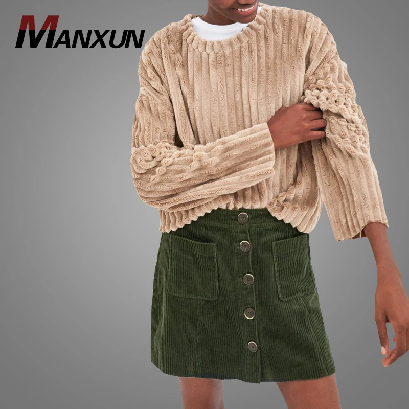 Ribbed Faux Fur Fabric Top Long Sleeves Ladies Crop Top Hoodies Sweatshirts Women
