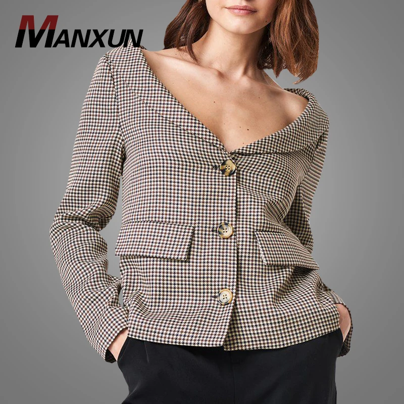 New Arrival Stylish Good Quality Women Casual Plaid Checked Blazers Sexy Off Shoulder Beige Button Front Blazer Jacket Blazer