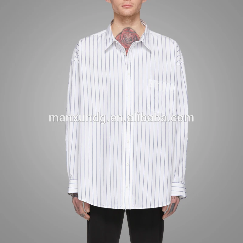 High Quality White And Blue Oversized Pinstripe Shirt Poplin Dress Shirts For Men