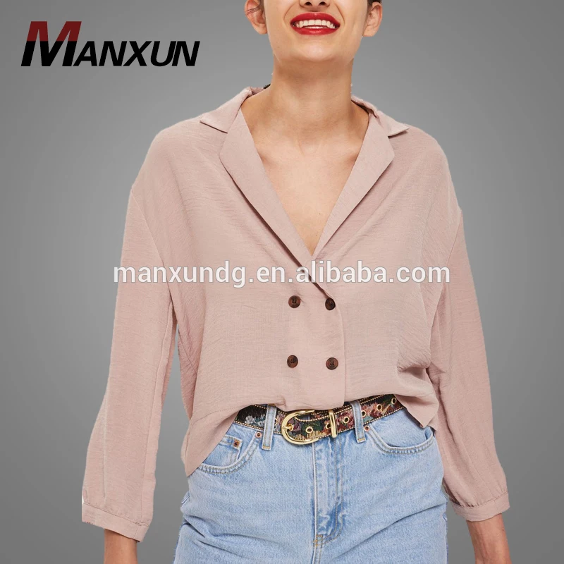 Latest Saree Blouse Designs Chiffon Pink Button Down Warp Lady Blouse 2018