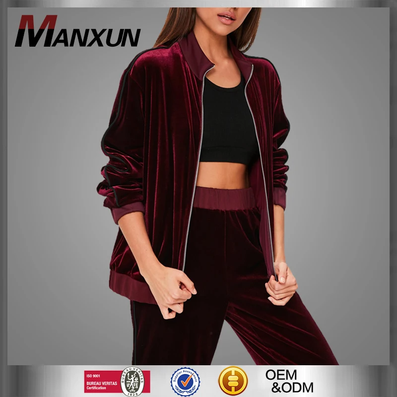 Dongguan Custom Female Burgundy Velvet Binding Zip Tracksuit Jacket Blank Velvet Sport Sweat Coat