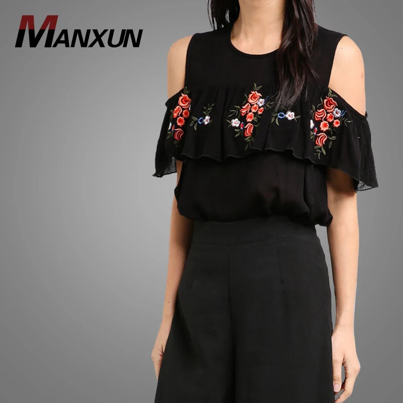 New Arrival Sexy Ladies Summer Blouse High Quality Embroidery Floral Top Elegance Ruffle Cold Shoulder Women Clothes