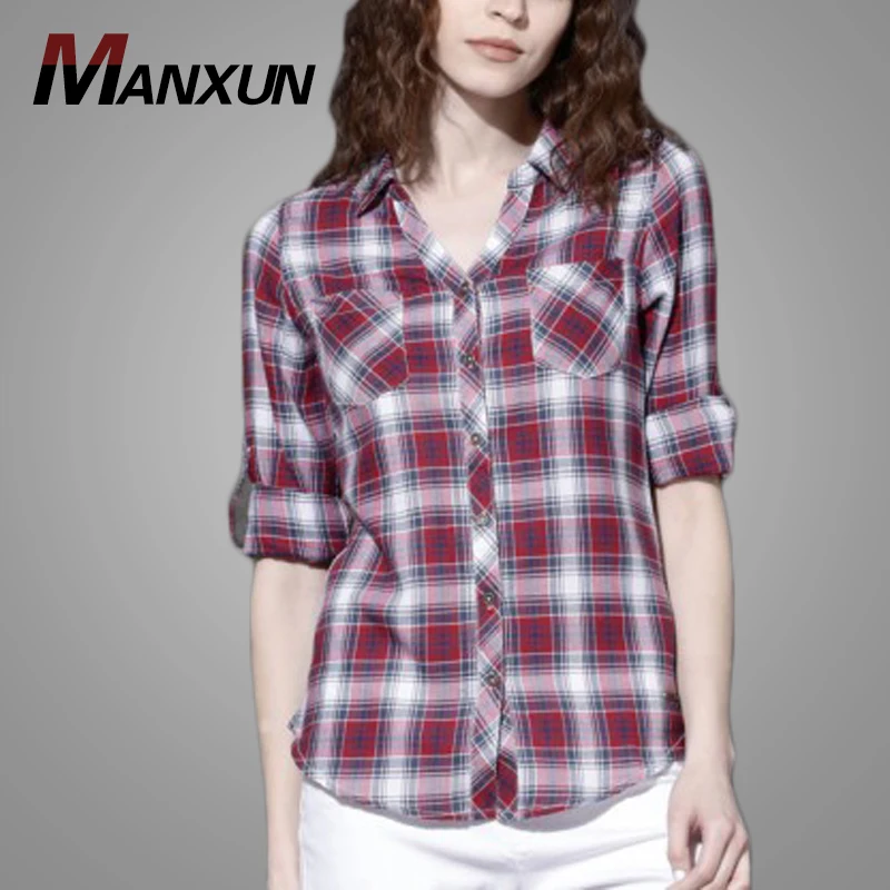 Women Red & Navy Slim Fit Checked Casual Shirt Long Sleeve Gradient Color Plaid Shirt Women