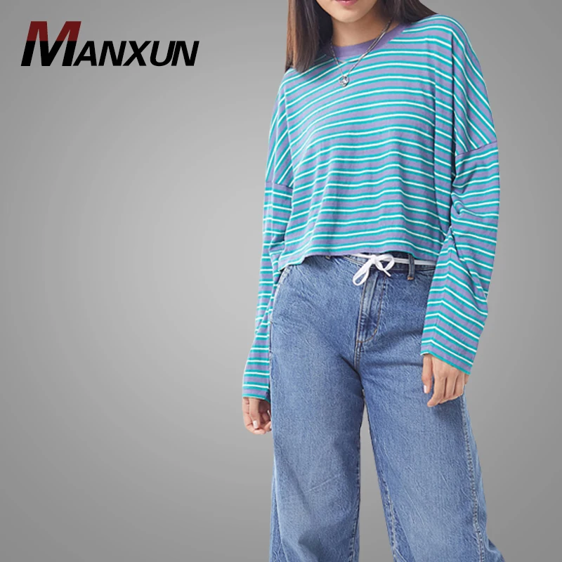 New Arrival Fashion Women Tops Striped Long Sleeve Cropped Top Custom Casual Women Blouse